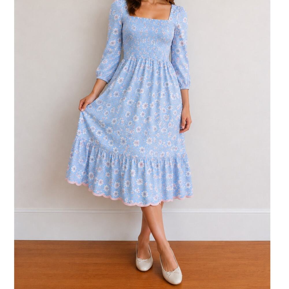 Dondolo Blue Pink Floral Smocked Scallop Hem Midi Dress Woman’s Size 2XL